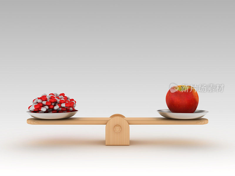 跷跷板规模与苹果和药丸- 3D渲染